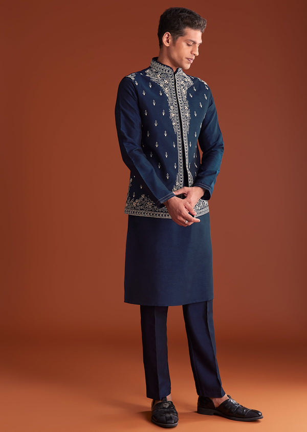 Blue Cotton Silk Kurta Jacket Set With Mirror Embroidery