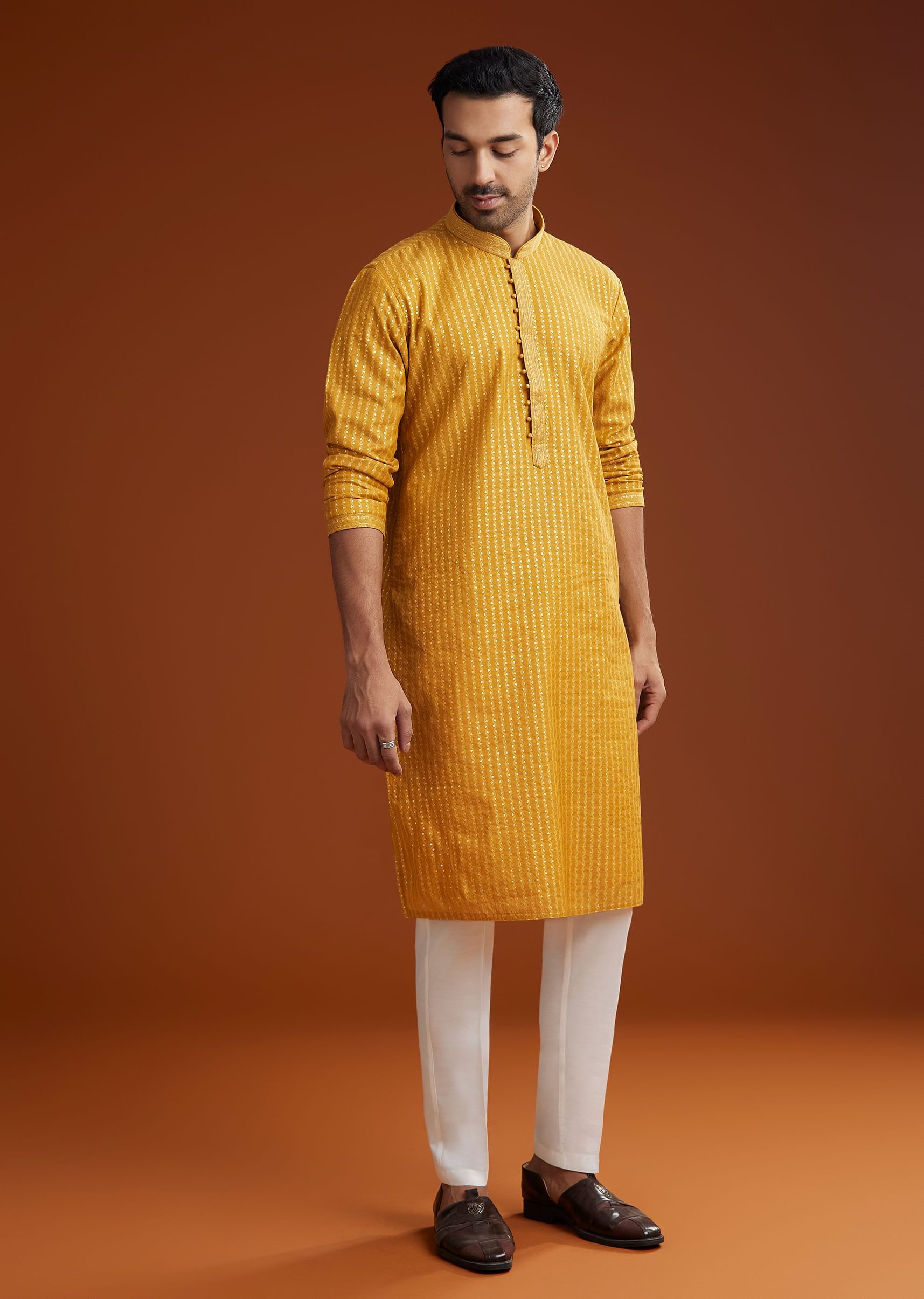 Yellow Banarasi Silk Kurta Pant Set