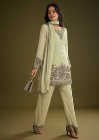 Mint Green Georgette Beads Kurta Set With Tassels Bordered Dupatta