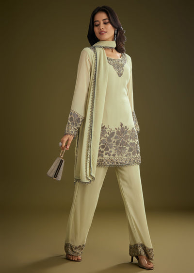 Mint Green Georgette Beads Kurta Set With Tassels Bordered Dupatta