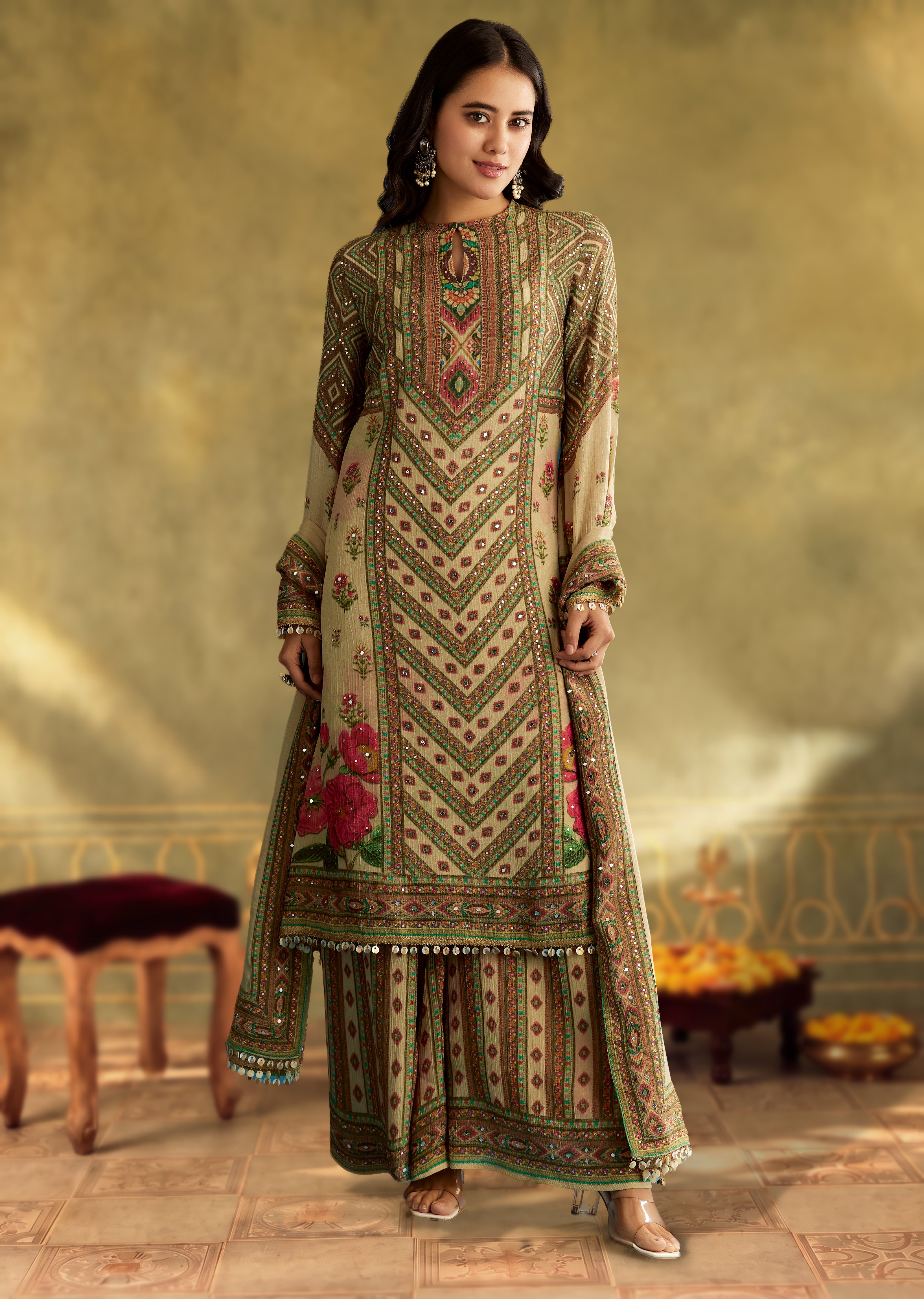 Beige Crush Tissue Floral Printed Kurta With Printed Palazzo
