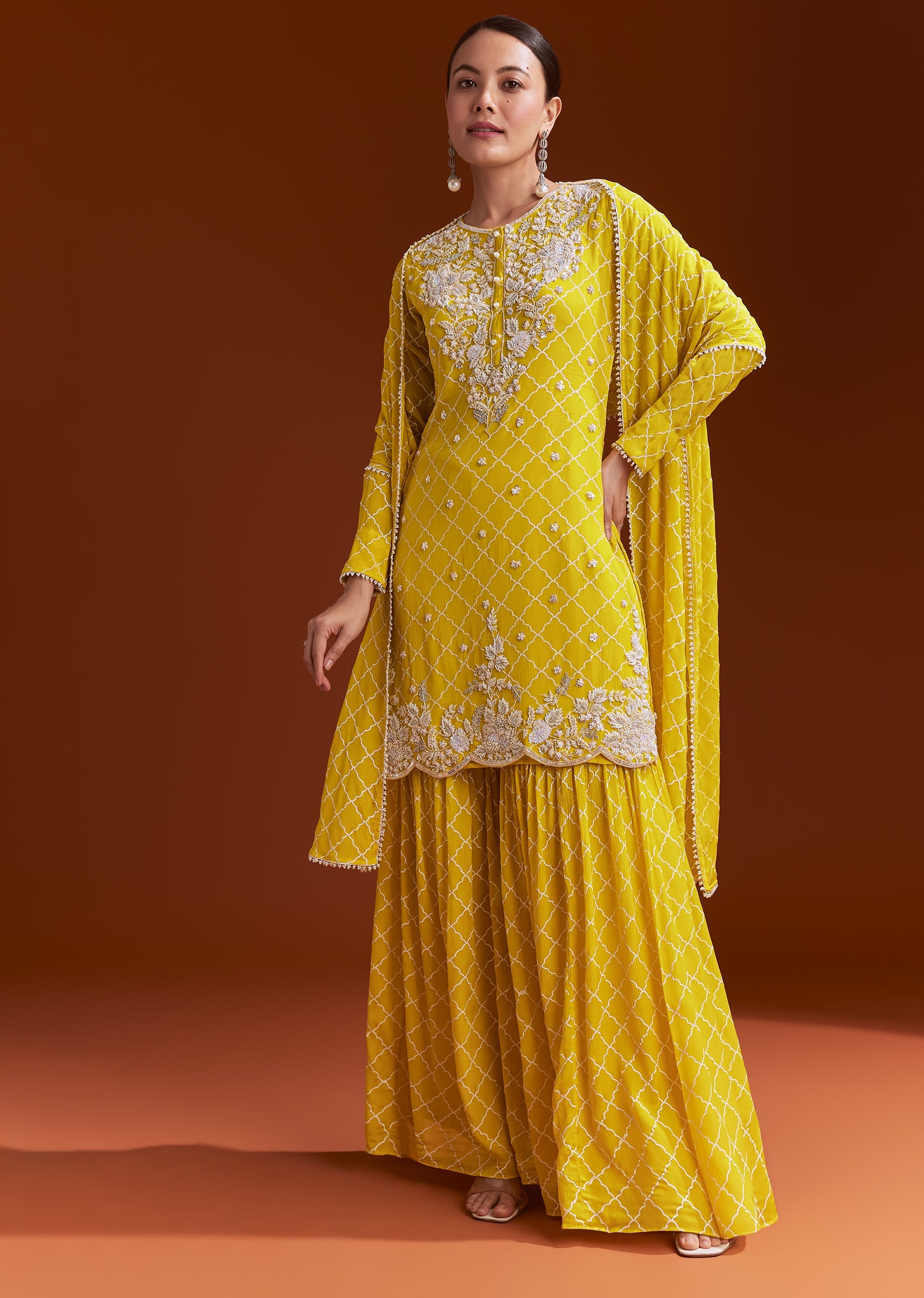 Yellow Chinon Sharara Set With Cutdana And Sequins