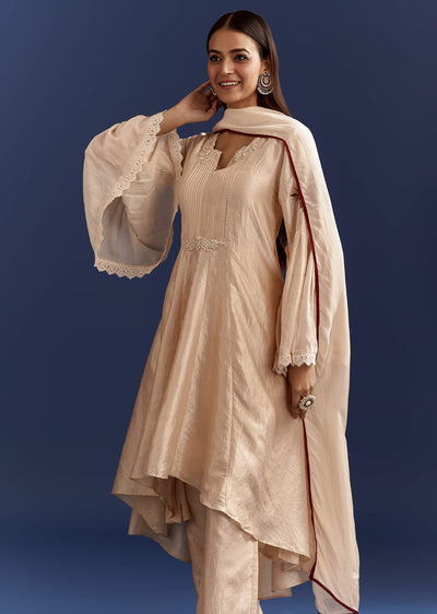 Light Beige High Low Kurta With Cut Dana Beads And Applique Work In Fuji Silk