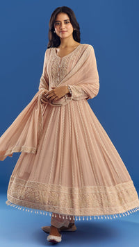 Peach Moti Beads Georgette Anarkali Set With Tassel Dupatta