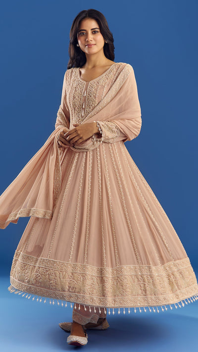Peach Moti Beads Georgette Anarkali Set With Tassel Dupatta