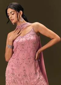 Pink Embroidered Chinon Kurti With Flared Pant And Choker Dupatta