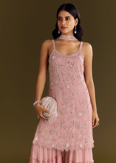 Light Pink Chinon Embroidered Kurta Sharara With Choker Dupatta