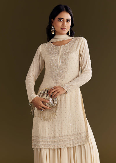 Cream Kurta Palazzo Set With Cutdana And Sequins Work
