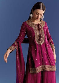 Wine Silk Kurta Set With Zari Palazzo And Butti Dupatta