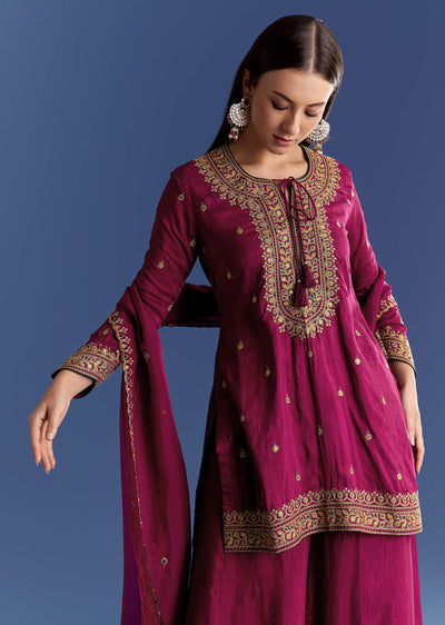 Wine Silk Kurta Set With Zari Palazzo And Butti Dupatta