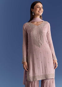 Lavender Chinon Kurta Set With Moti And Cutdana Dupatta