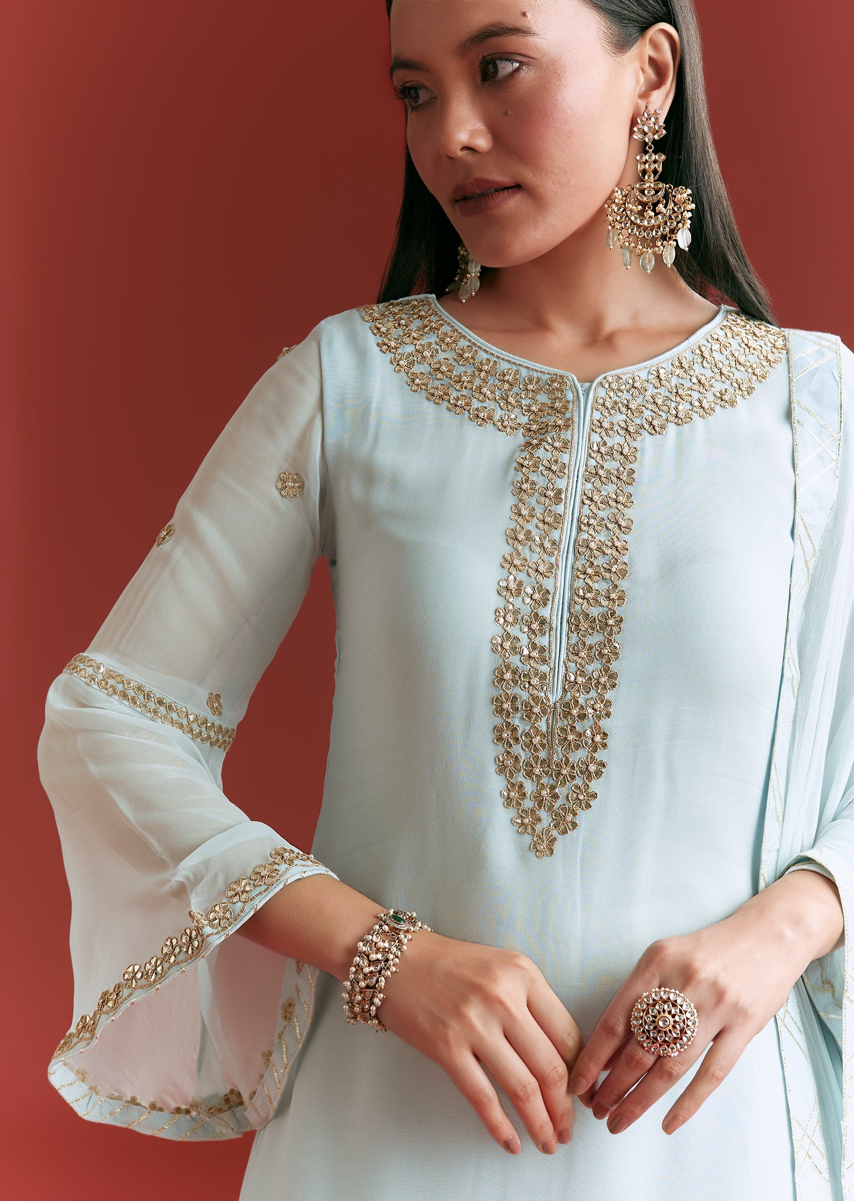 Baby Blue Georgette Kurta Sharara Suit With Gotta Lace And Moti Work