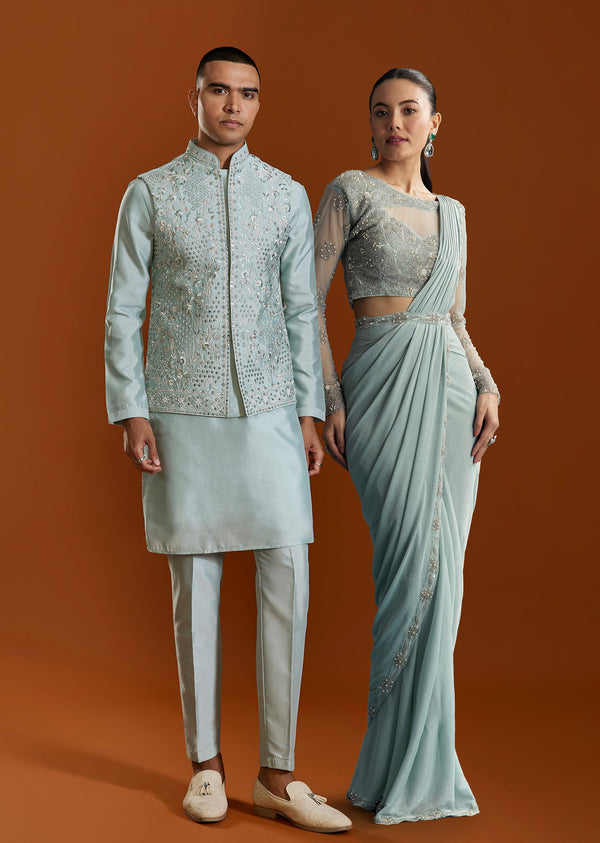 Blue Festive Pair – Ready Pleated Saree For Her And Kurta Set For Him