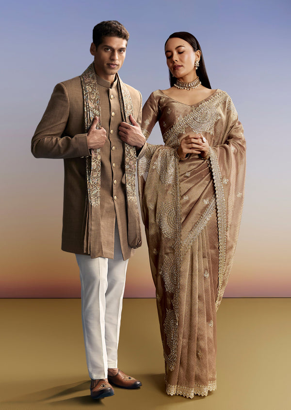 Brown Heritage Duo – Jacquard Tissue Saree For Her And Jacquard Indo Western Set For Him
