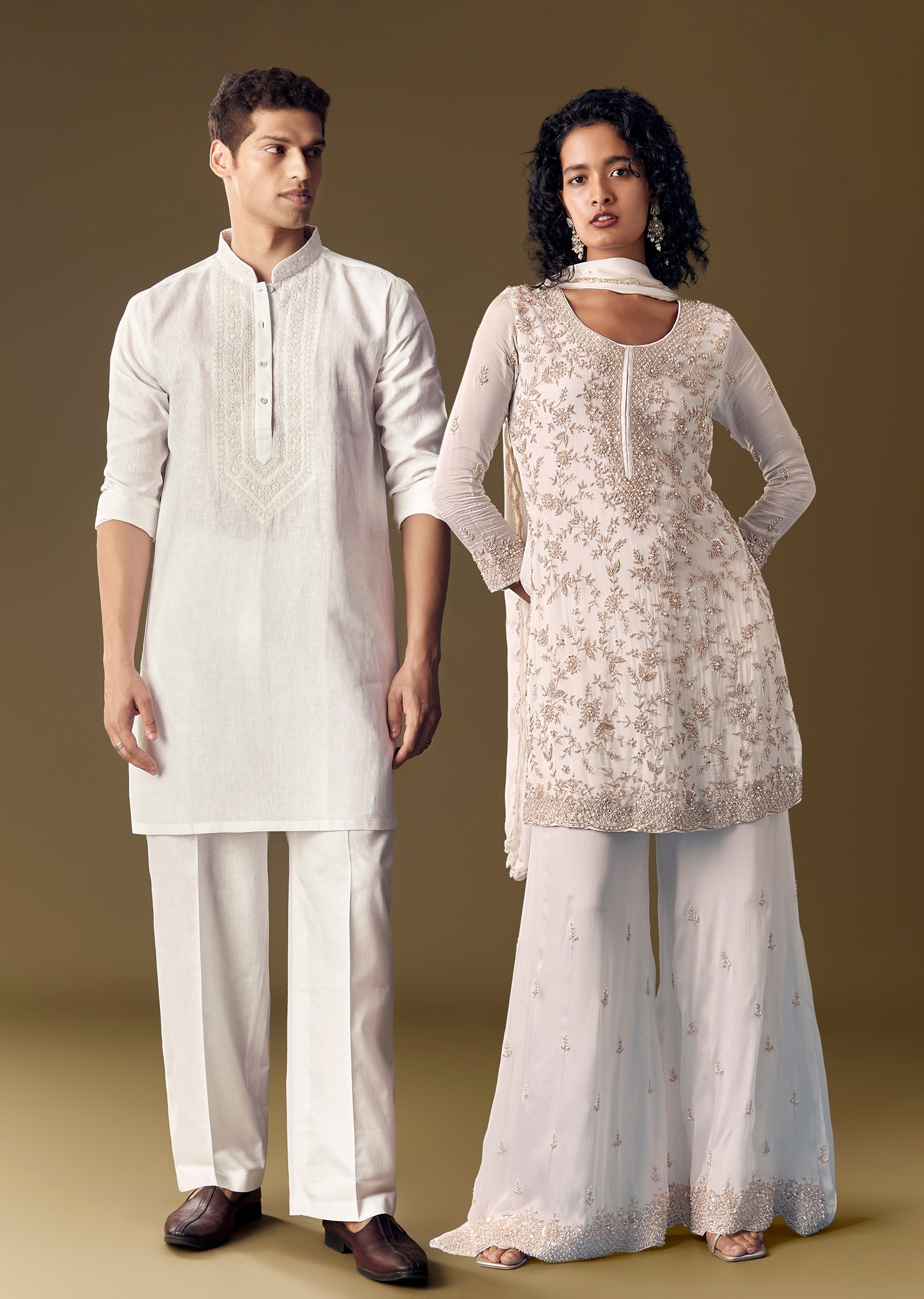 Classic White Twin Style – Cut Dana Kurta Palazzo Set For Her And White Linen Embroidered Kurta Set For Him