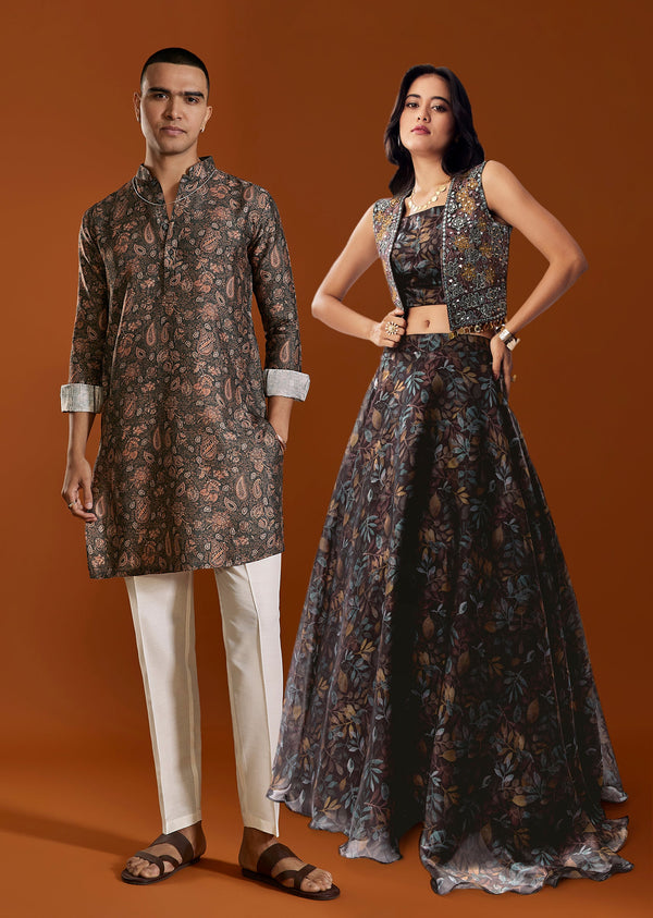 Black Statement Pair – Printed Lehenga For Her And Kurta For Him