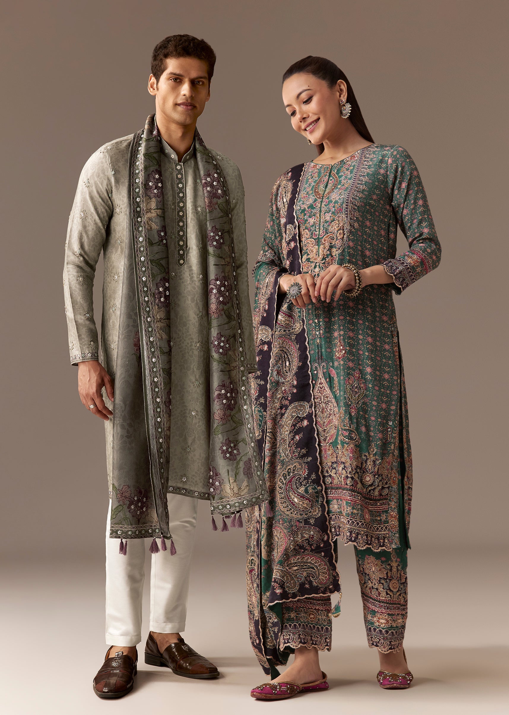 Olive Indie Coordinated Set – Printed Kurta Set With Dupatta For Her And Olive Silk Kurta Set With Dupatta For Him