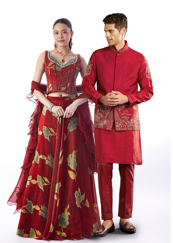 Maroon Statement Duo – Lehenga For Her And Jacket Kurta Set For Him