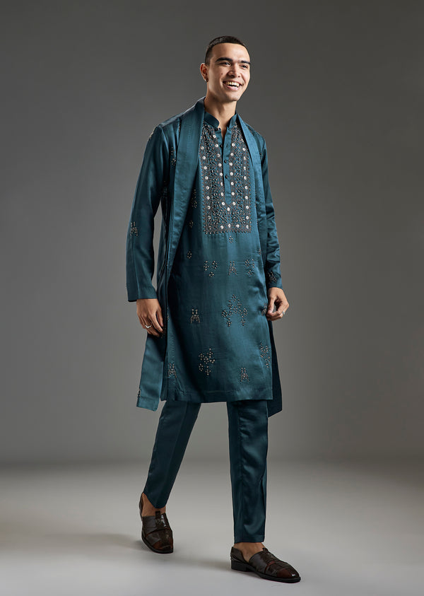 Blue Kurta Set With Intricate Hand Embroidered Metal Work