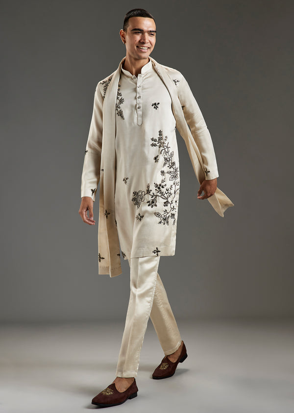 Off White Metal Hand Embroidered Kurta Set