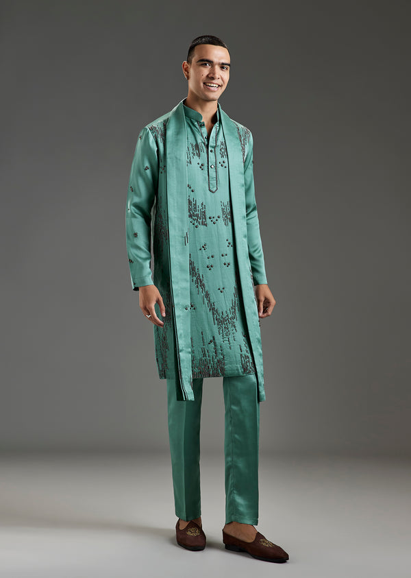 Green Linen Metal Hand Embroidered Kurta Set with Dupatta