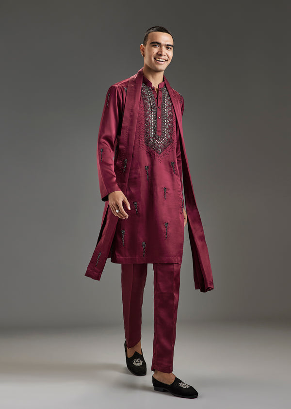 Red Maroon Silk Kurta Set With Metal Hand Embroidery