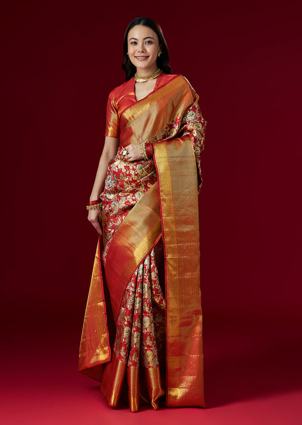 Red Bridal Kanjivaram Zari Weave Saree with Unstitched Blouse
