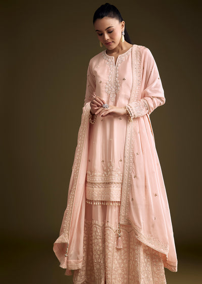 Baby Pink Chinon Thread And Sequin Embroidered Palazzo Set