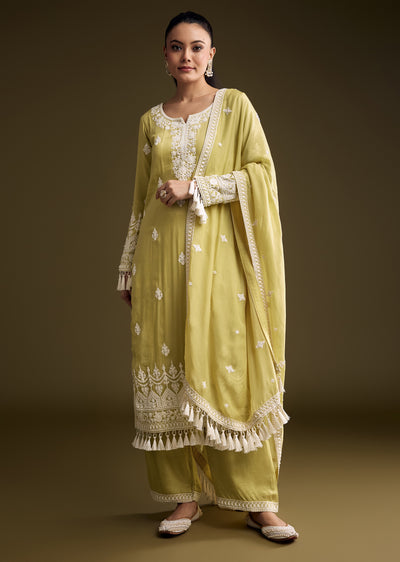Lime Green Organza Kurta Set With Heavy Thread Work Embroidery