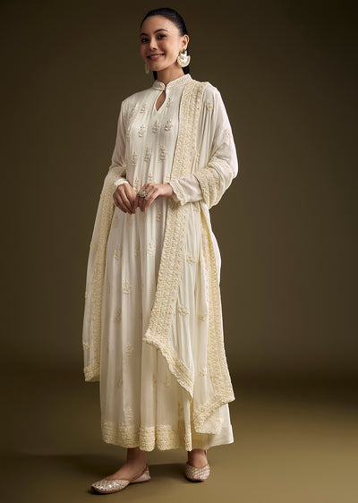 Heavily Embroidered White Chinon Anarkali Set With Keyhole Neck