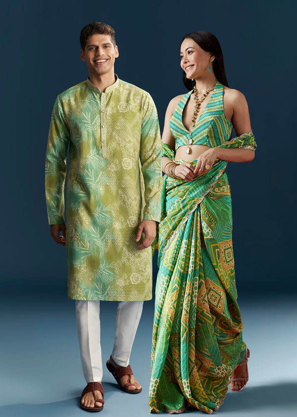 Fresh Green Pair – Printed Saree For Her And Printed Kurta Set For Him