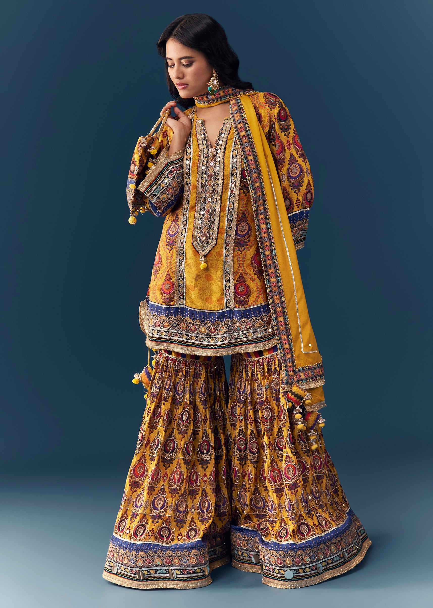 Yellow Indie Print Sharara Suit Set With Matching Handbag