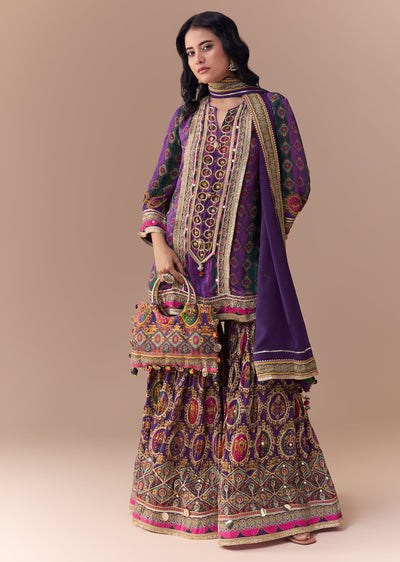 Purple Indie Print Kurta Sharara Set with Handbag