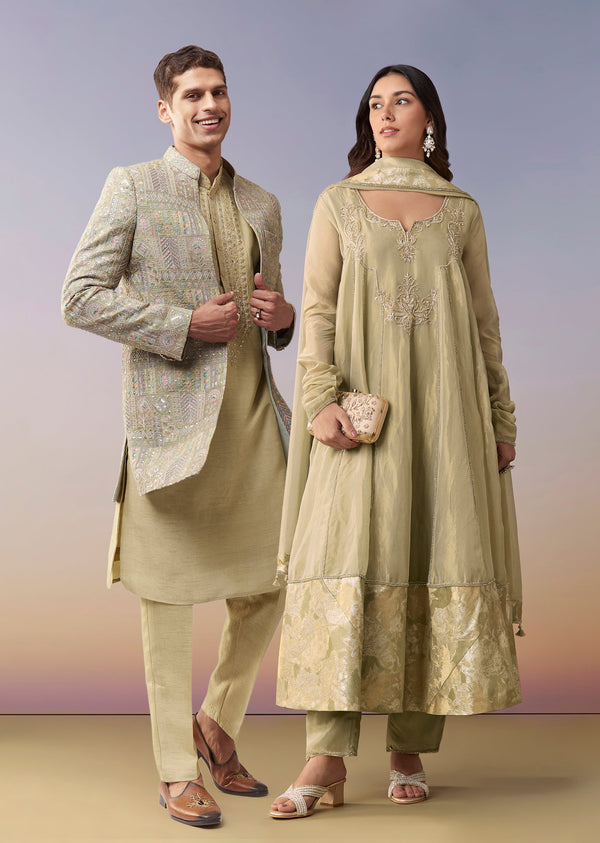 Emerald Festive Duo – Zardosi Anarkali Suit Set For Her And Silk Indo Western For Him