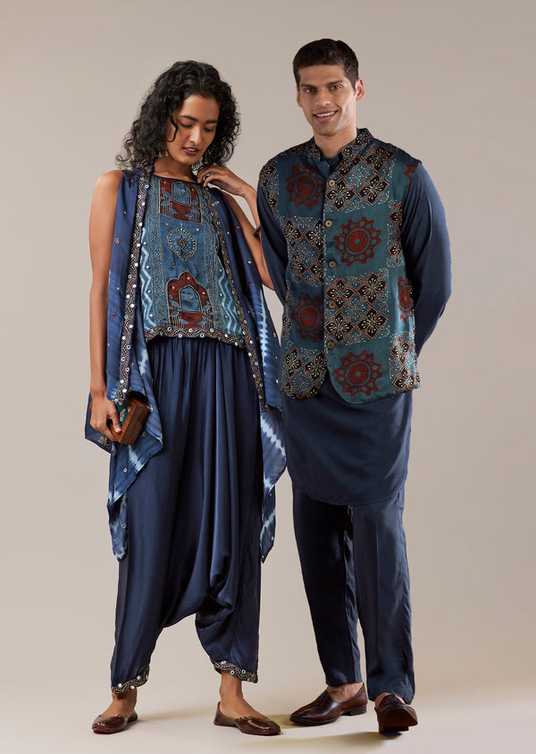 Indigo Craft Duo — Jacket Set For Her And Kurta Jacket For Him