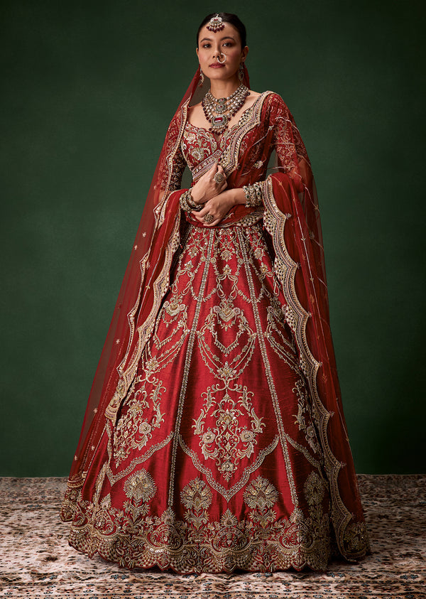 Red Silk Bridal Lehenga With Cutdana Embroidery