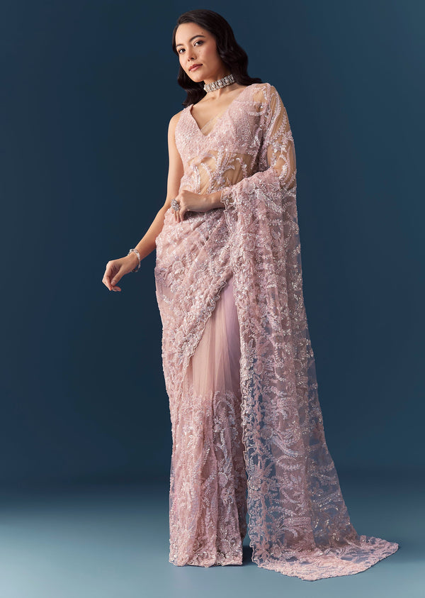 Pink Net Floral Jaal Work Saree with Unstitched Blouse