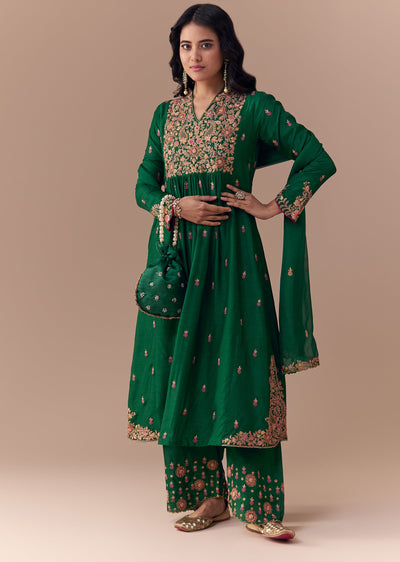 Green Silk Zari Embellished Anarkali Set