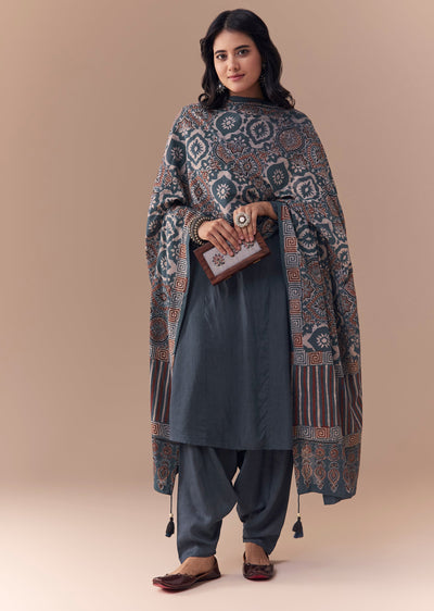 Indigo Kurta Set with Ajrakh Dupatta