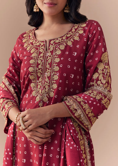 Maroon Bandhani Print Kurta Set