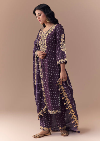 Purple Embellished Silk Bandhani Print Kurta Set
