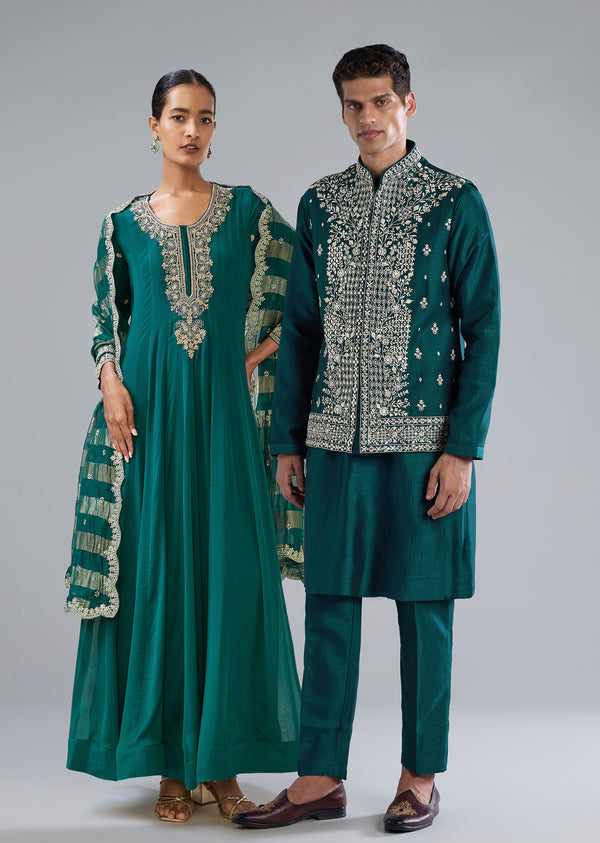 Teal & Peacock Duo — Anarkali Set For Her And Kurta Jacket For Him