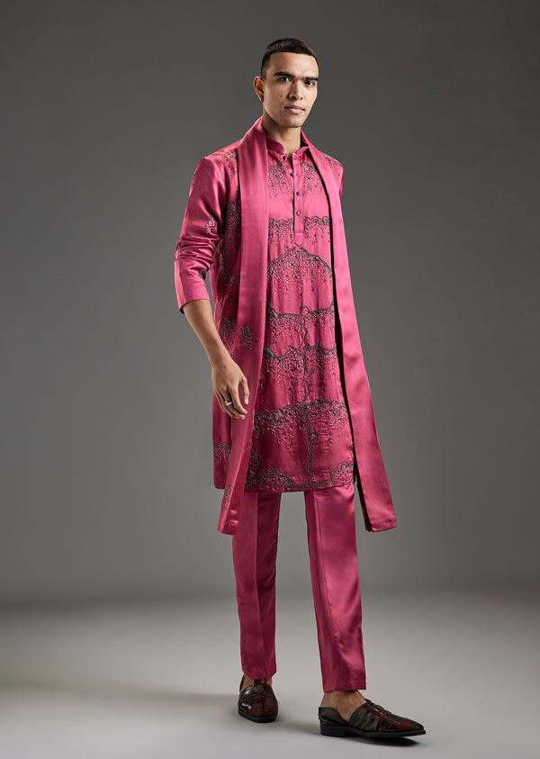 Pink Silk Men's Kurta Set with Dupatta