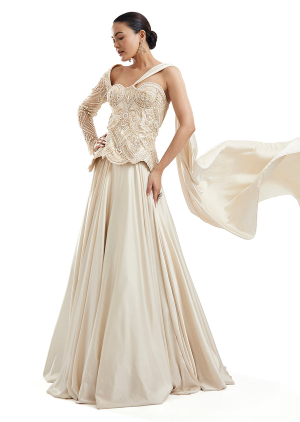Off-White One-Shoulder Lehenga With Attached Pallu