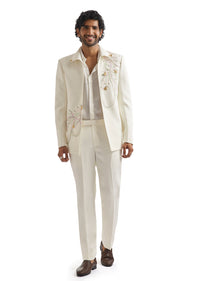 White Embroidered Tuxedo Set With Organza Satin Shirt