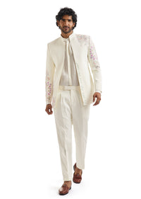White Embroidered Tuxedo Set With Statement Blazer