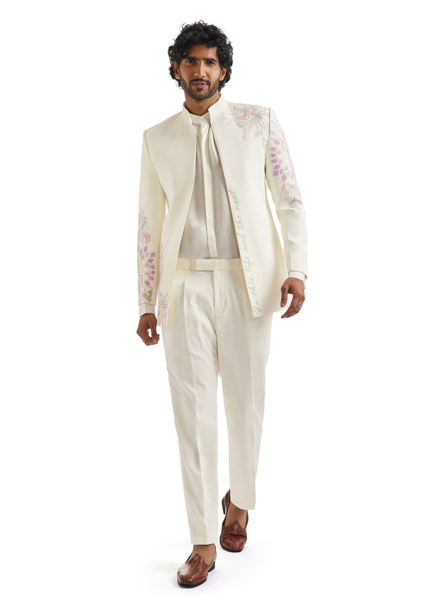 White Embroidered Tuxedo Set With Statement Blazer