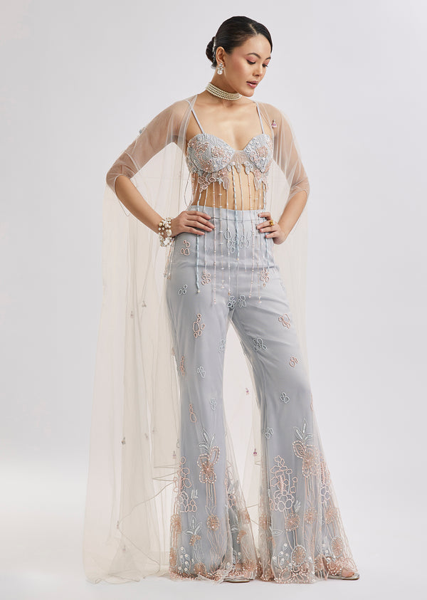 Sky Blue Embroidered Corset Cape Set