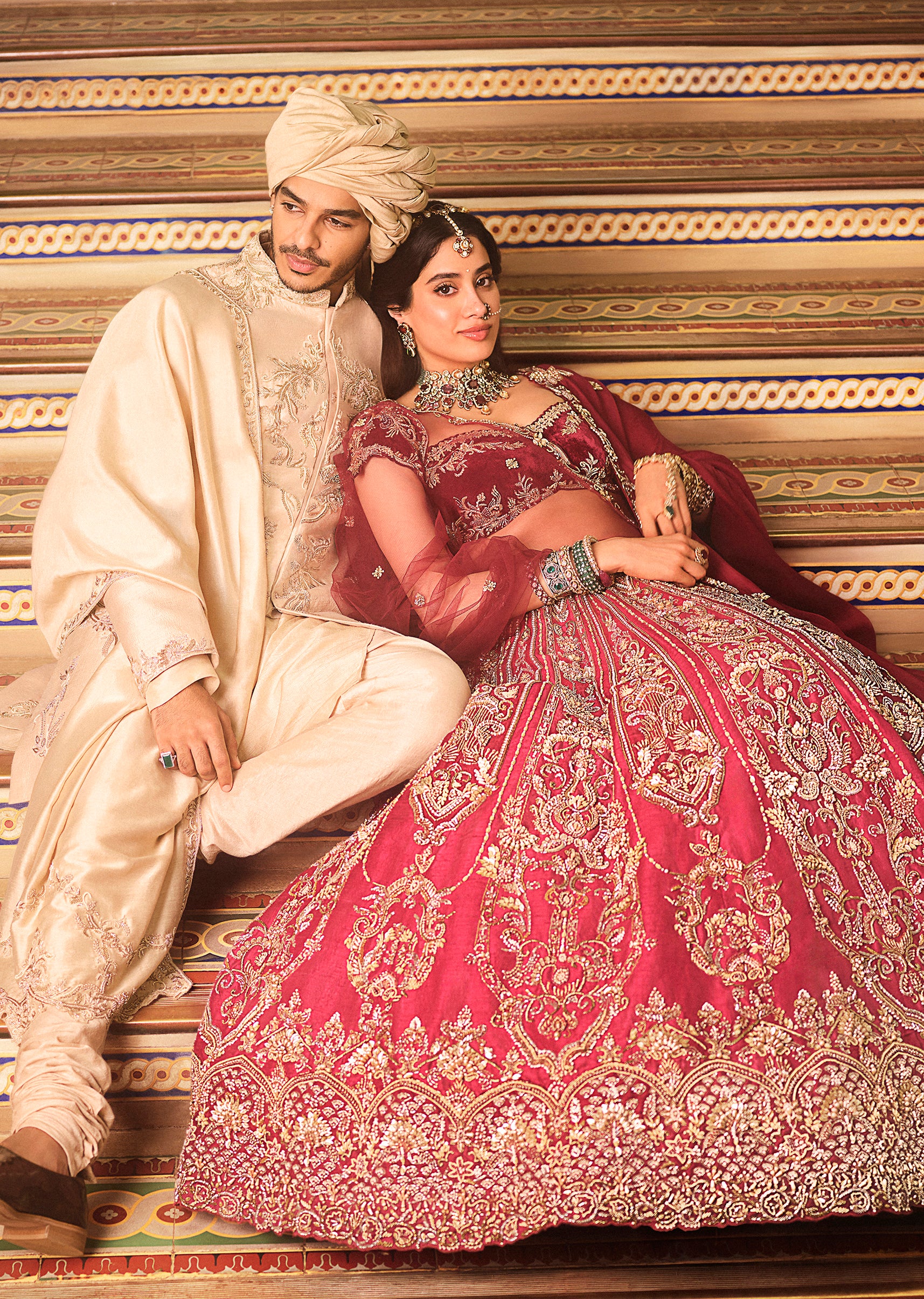 Janhvi Kapoor And Ishaan Khatter In Our Maroon Bridal Lehenga And Gold Sherwani