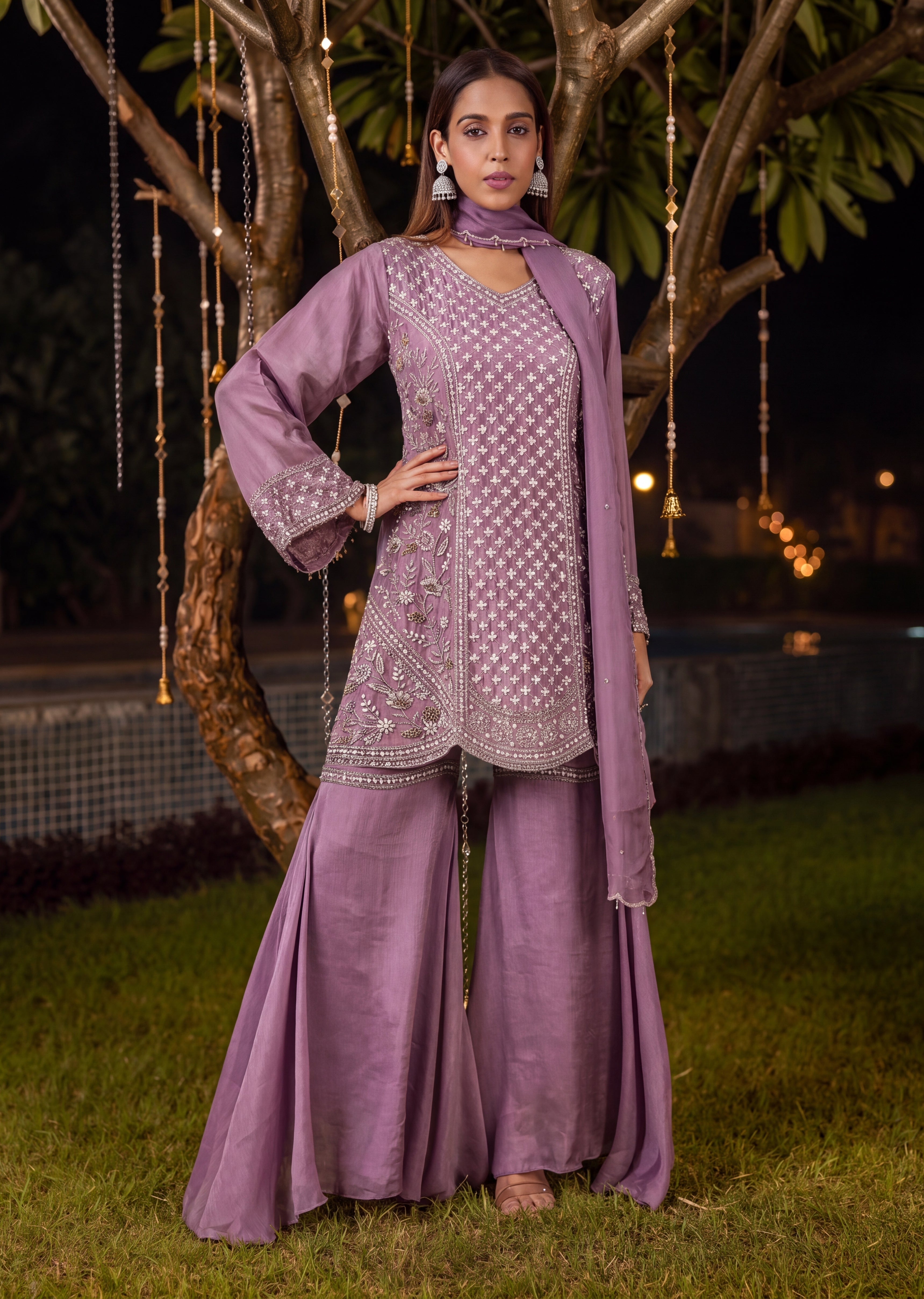 Mauve Tissue Silk Cut Dana Sharara Suit Set